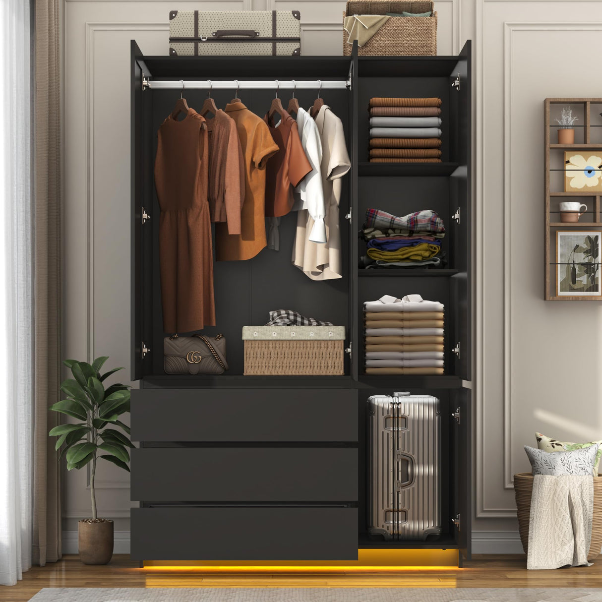 jiteentarou 3 Doors Armoire Wardrobe Closet with 3 Drawers & Mirror, Modern Wooden Bedroom Armoires with Hanging Rod Led Lights for Bedroom, Black jiteentarou