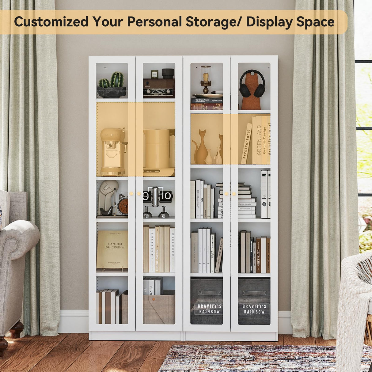 IRONMIX White Bookcase with Doors, 5 Tier Bookshelf, Tall Bookshelf with Storage, Modern Display Cases for Collectibles, 70.87" Display Cabinet with Doors Curio Cabinet for Home Office Library IRONMIX