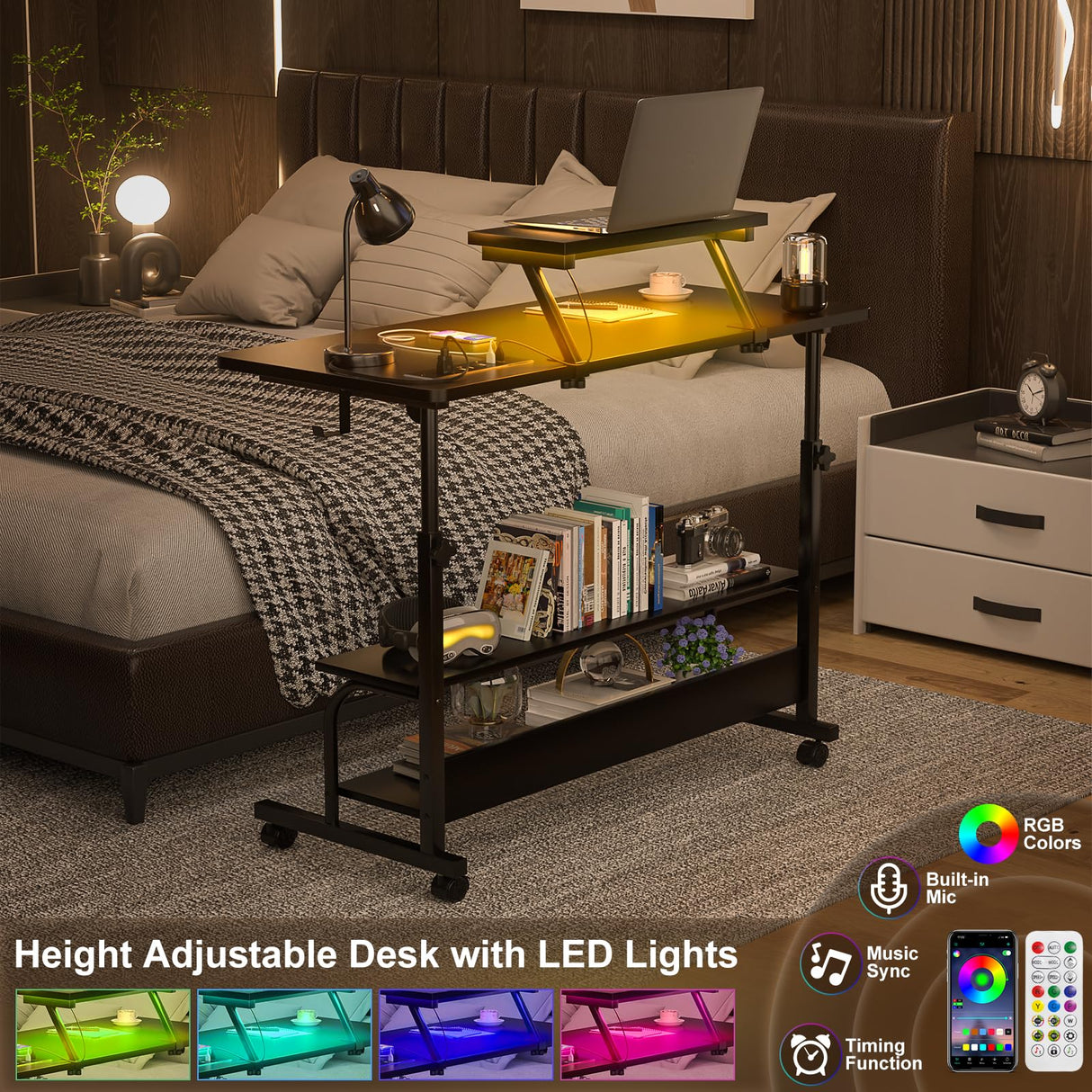 Height Adjustable Standing Desk with Power Outlets and LED Lights - 39" Manual Stand Up Desk with Monitor Stand and Storage Shelves Small Mobile Rolling Computer Desk Portable Laptop Table, Black Besiost