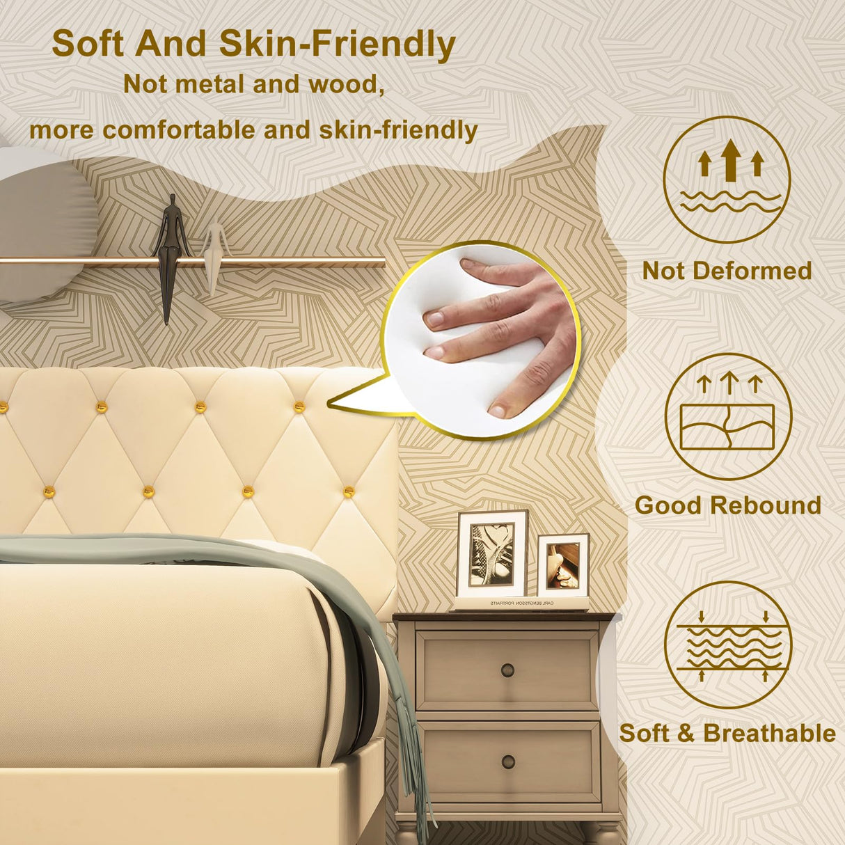 Mhjinuwet Full Size Bed Frame, Velvet Upholstered Platform with Headboard, Easy Assembly, No Box Spring Needed, Non-Slip and Noise-Free with Strong Wooden Slats (Beige, Full) Mhjinuwet