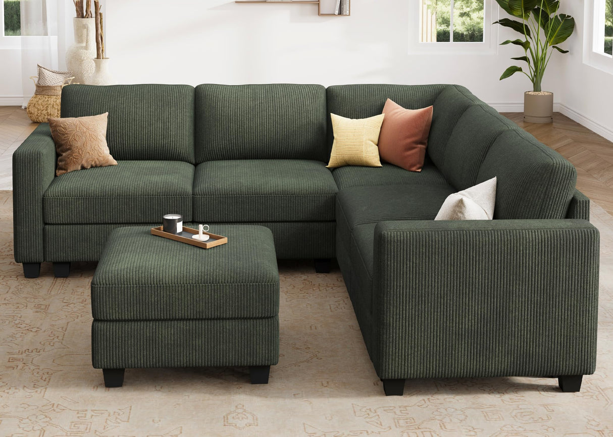 HONBAY Corduroy Modular Sectional Couch with Storage L-Shaped Sectional Couches for Living Room 6 Seater Modular Sofa, Green HONBAY