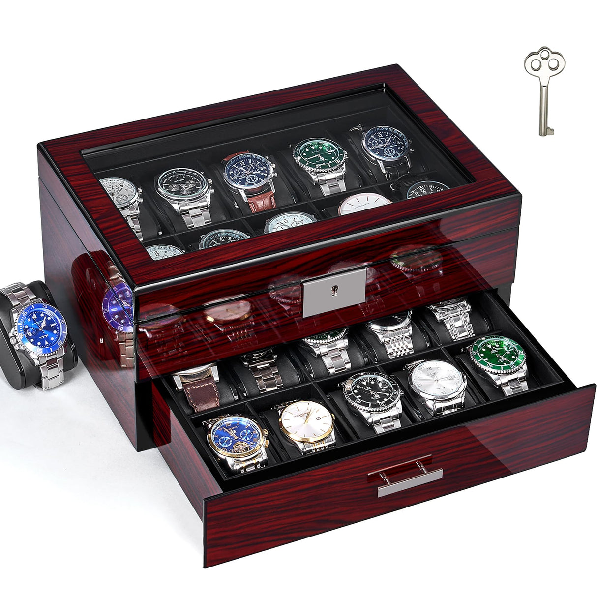 ANWBROAD 20 Slot Watch Box for Men and Women - 2-Tier Display Case With Large Glass Lid, Lockable Wooden Organizer, Luxurious Holder UJWB002Y ANWBROAD