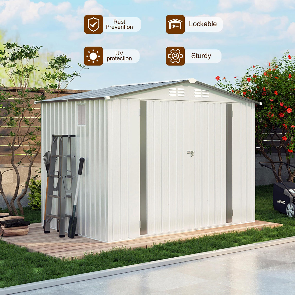 Vigo huseeo 8x5.7x6FT Storage Shed, Outdoor Galvanized Steel Garden Shed with Lockable Door & Window, Waterproof Metal Tool Storage for Garden, Backyard, Patio, Lawn Vigo huseeo