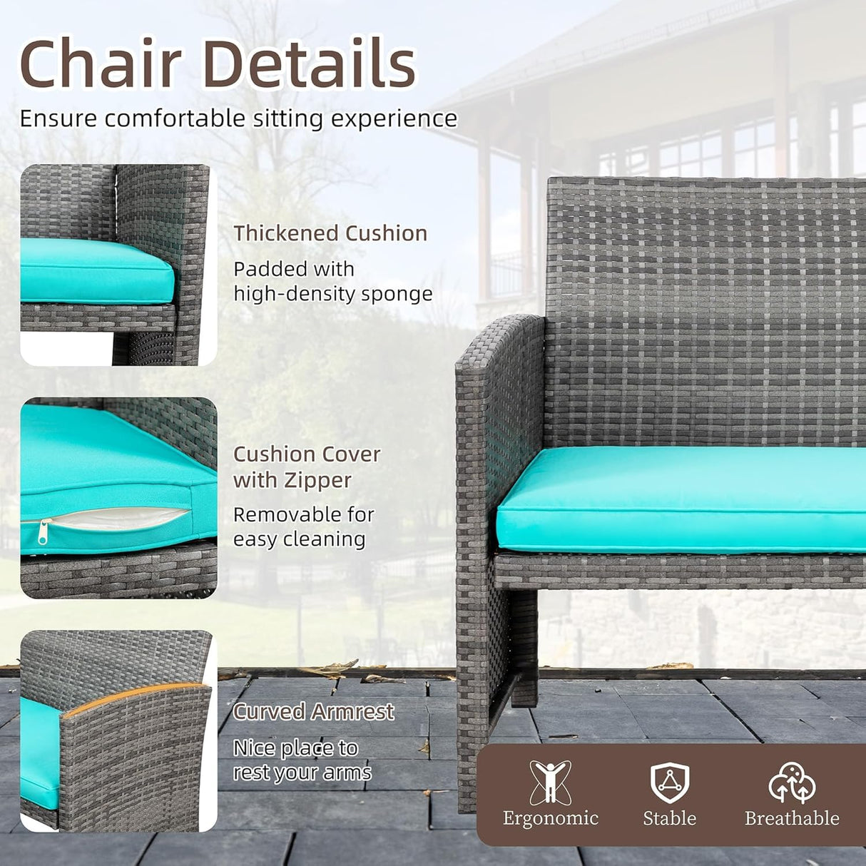 Shintenchi 4 Piece Patio Ratten Set Outdoor Furniture Set Wicker Conversation Set with Cushions and Tempered Glass Tabletop,Blue Shintenchi