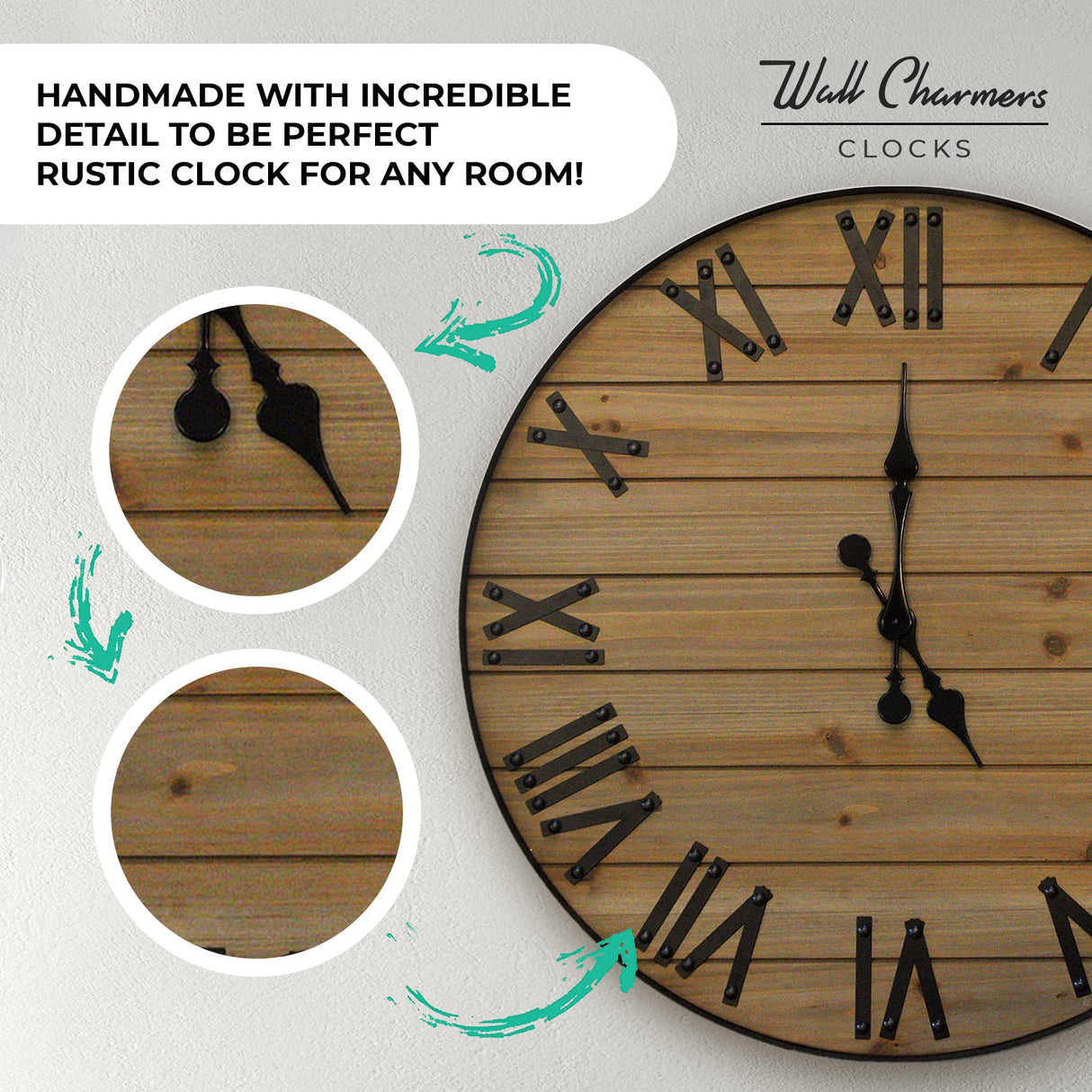 Wallcharmers Large Oversized Rustic Wall Clock, 24” | Handmade with Real Wood and Roman Numerals Wallcharmers