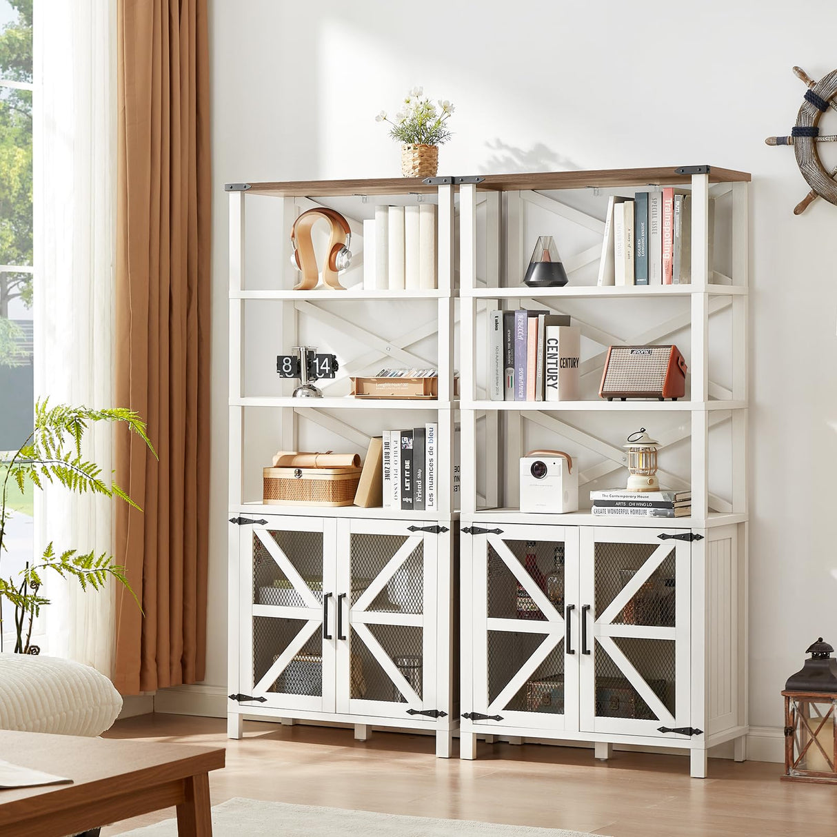 Joaxswe 5 Tier Bookshelf 70" Tall Bookcase with Barn Doors,Large Farmhouse Display Book Shelf with Adjustable Shelves and Storage Cabinet,Library Wood Bookshelves for Living Room,Kitchen,Rustic White Joaxswe