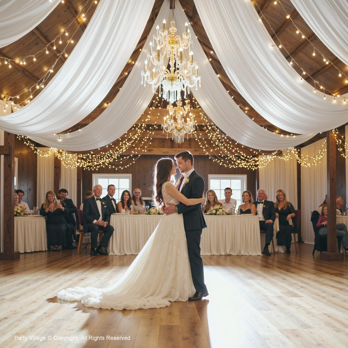 Party Village 40ftx20ft White Ceiling Curtain for Wedding Parties – 8 Panels Wrinkle-Free 20 FT Long Tent Draping Curtains for Wedding, Birthday & Theme Parties, 20ft Height with Rod Pocket Party Village