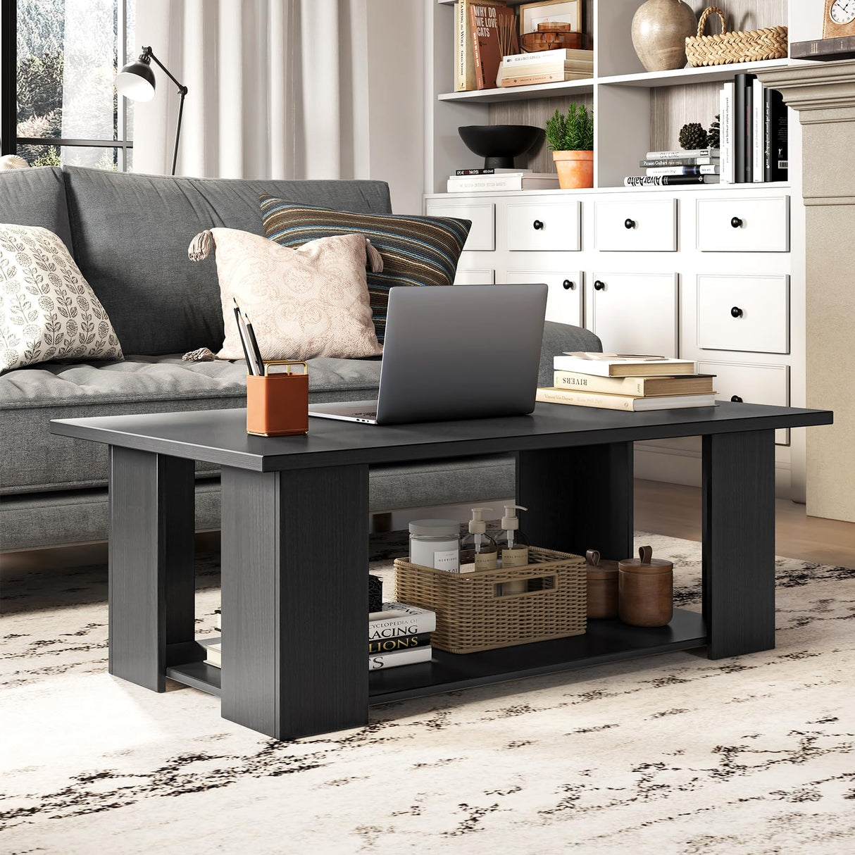Tangkula 2-Tier Coffee Table, Modern Rectangular Center Cocktail Table with 5 Support Legs, Wooden Accent Living Room Furniture, Small Coffee Table for Small Spaces, Easy Assembly (Black) Tangkula