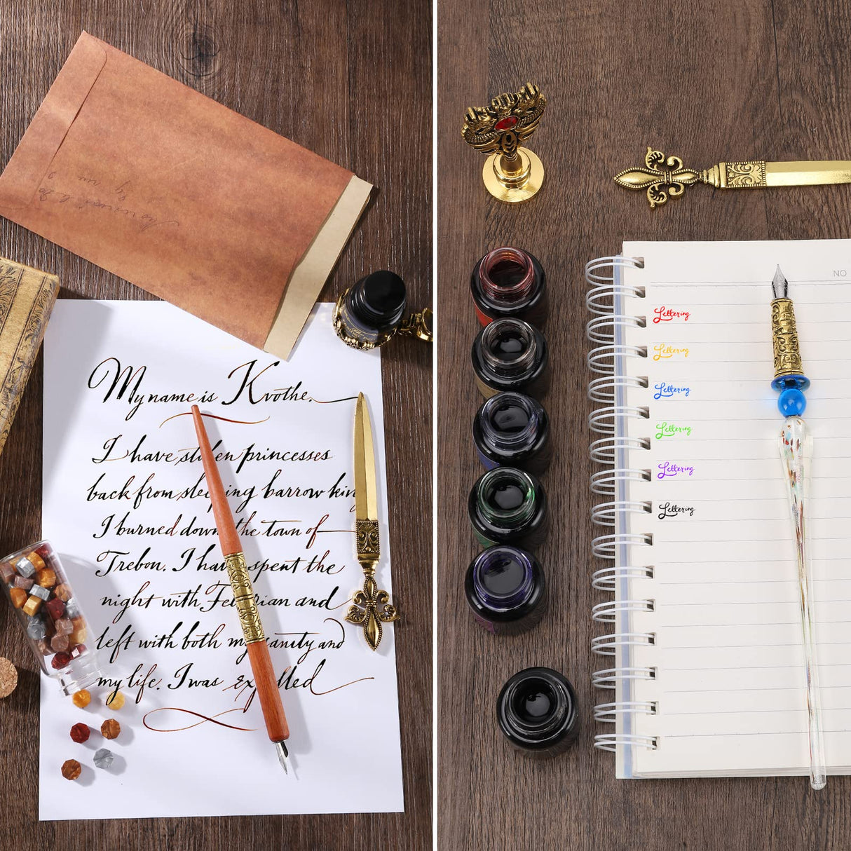 Junhartt Quill Feather Pen and Ink Set, Calligraphy Pen Glass Dip Pen and Wax Seal Stamp Kit (Red) Junhartt