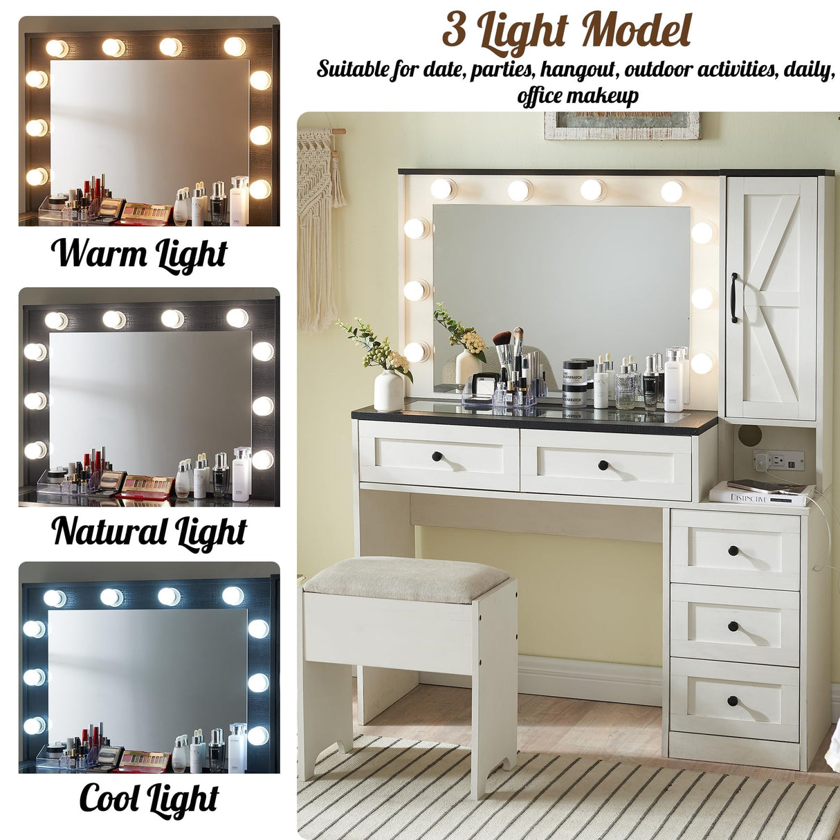 ACCOHOHO Farmhouse Vanity Desk with Mirror and Lights, 43" Wide Makeup Vanity with Glass Tabletop and Charging Station, Modern Vanity Table Set with Storage and Stool for Bedroom, Off White ACCOHOHO