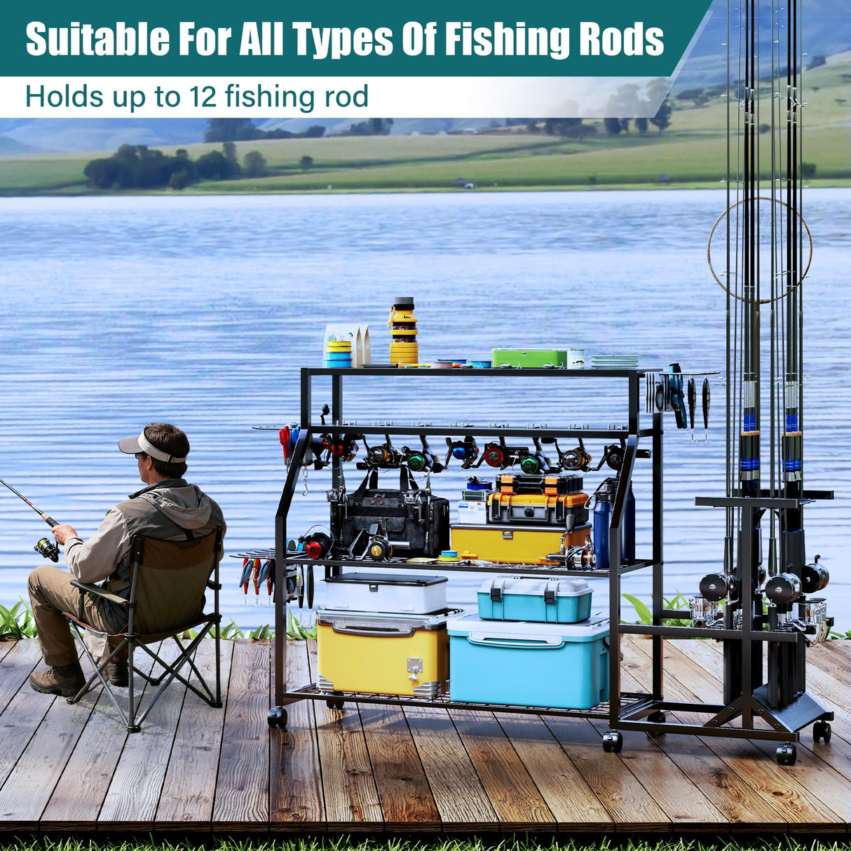 TC-HOMENY Large Fishing Rod Holders for Garage Fits for 12 Rods, 4-Tier Fishing Pole Rack Cart with Enlarged Shelves, Fishing Gear Tackle Organizer Storage Cart with Wheels for Garage, Outdoor, Black TC-HOMENY