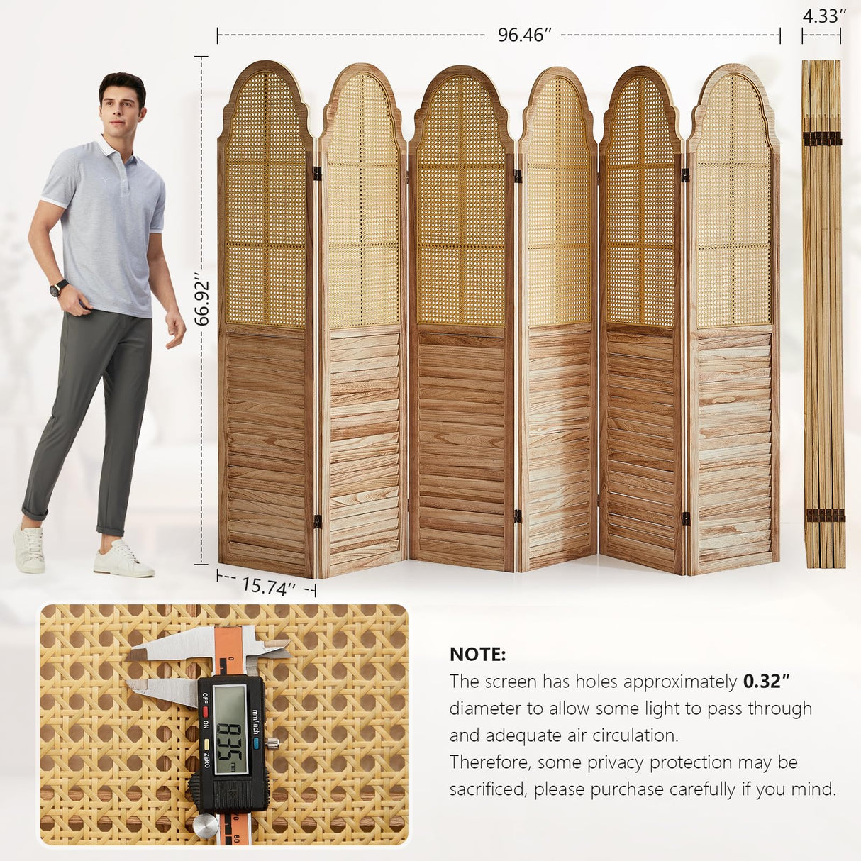 Asnefeli 6 Panels Room Divider Screen, Rustic Rattan Room Divider, Wood Folding Privacy Screen, Foldable Wood Divider Wall, Portable Partition Panel, Wall Divider for Room Separation (Natural) Asnefeli