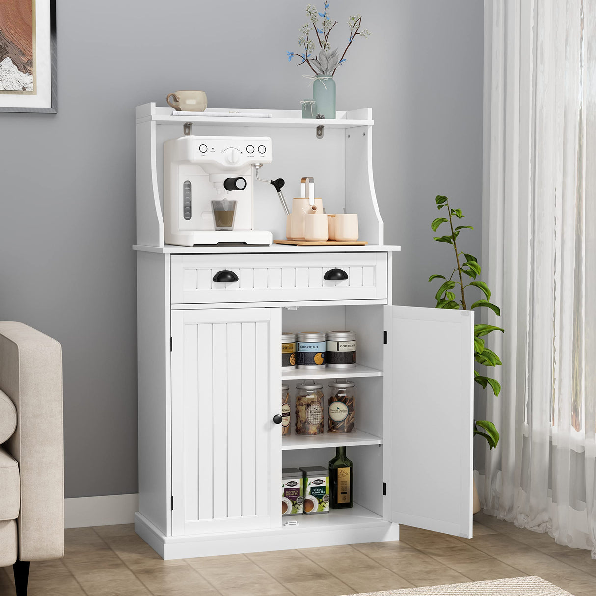 HOLTICO 54" Freestanding Kitchen Pantry Storage Cabinet with Doors and Adjustable Shelves, Microwave Oven Stand with Drawer for Kitchen, Bathroom or Hallway, White HOLTICO