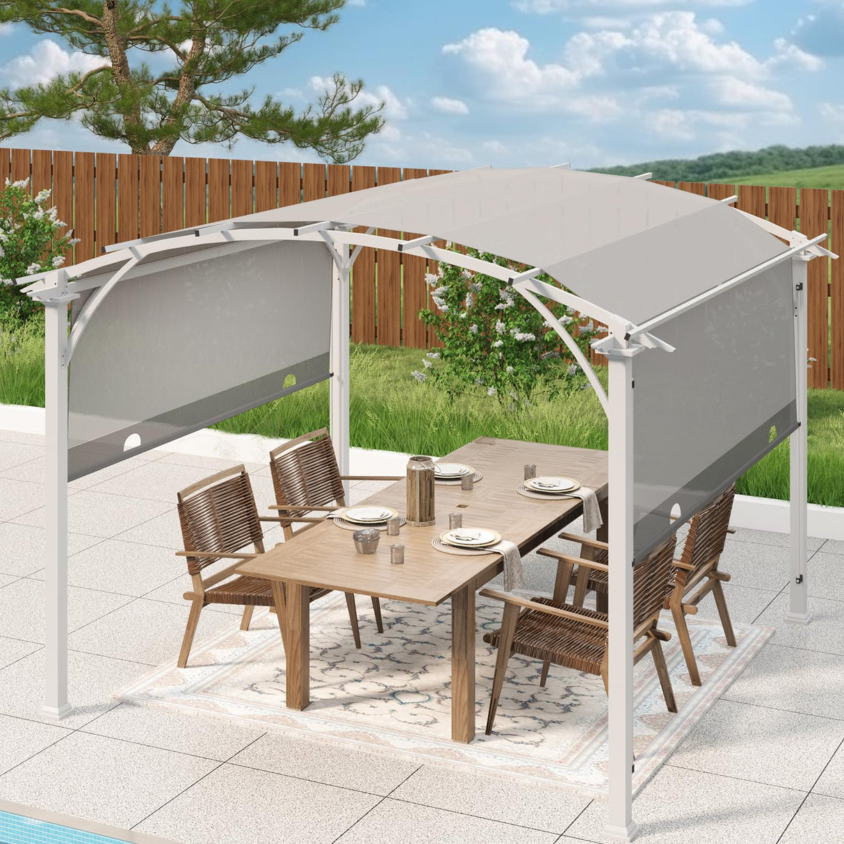 EAGLE PEAK 11.4x11.4 Outdoor Pergola with Retractable Textilene Sun Shade Top, Wood Looking Steel Frame Arch Patio Pergola, Gry EAGLE PEAK