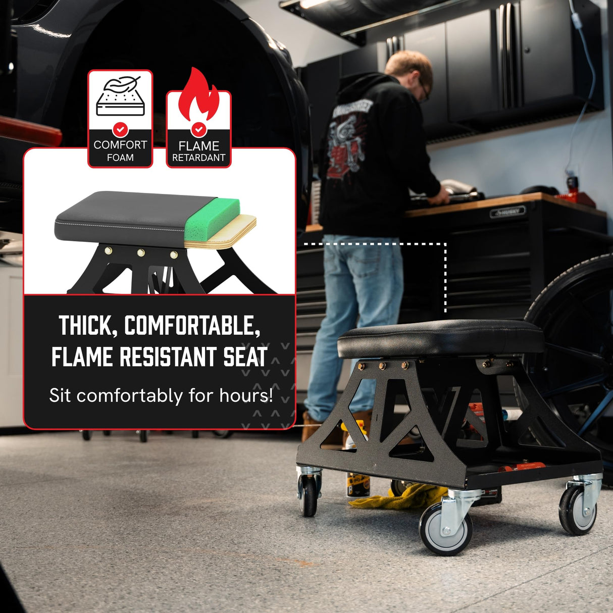 Vyper Low Pro Garage Stool with Removable Seat for Mechanics, Automotive, DIY - 400 lb Capacity Shop Chair, Rolling Shop Stool (Black Seat, Blue Frame) Vyper Industrial