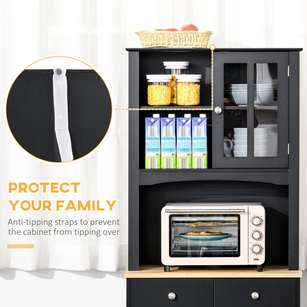 HOMCOM Freestanding 67" Kitchen Buffet with Hutch, Pantry Cabinet with Microwave Stand, Adjustable Shelf, 2 Drawers, Cupboard, Black HOMCOM