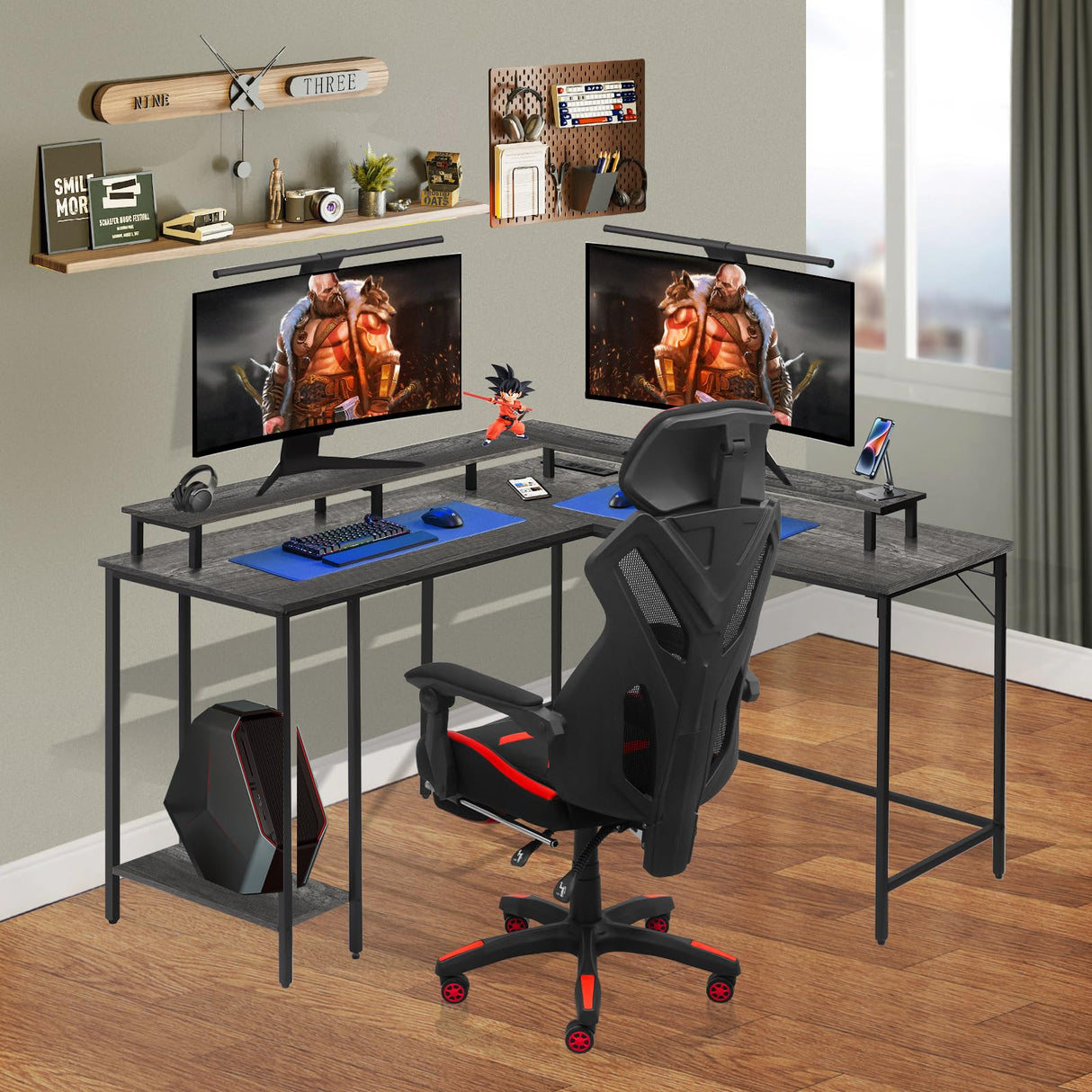 Panana 53.5" L Shaped Computer Desk Gaming Desk with LED Lights and Power Outlets, Reversible L Shaped Corner Desk with Monitor Stand, Home Office Desk with Shelf and USB Port (Grey) Panana