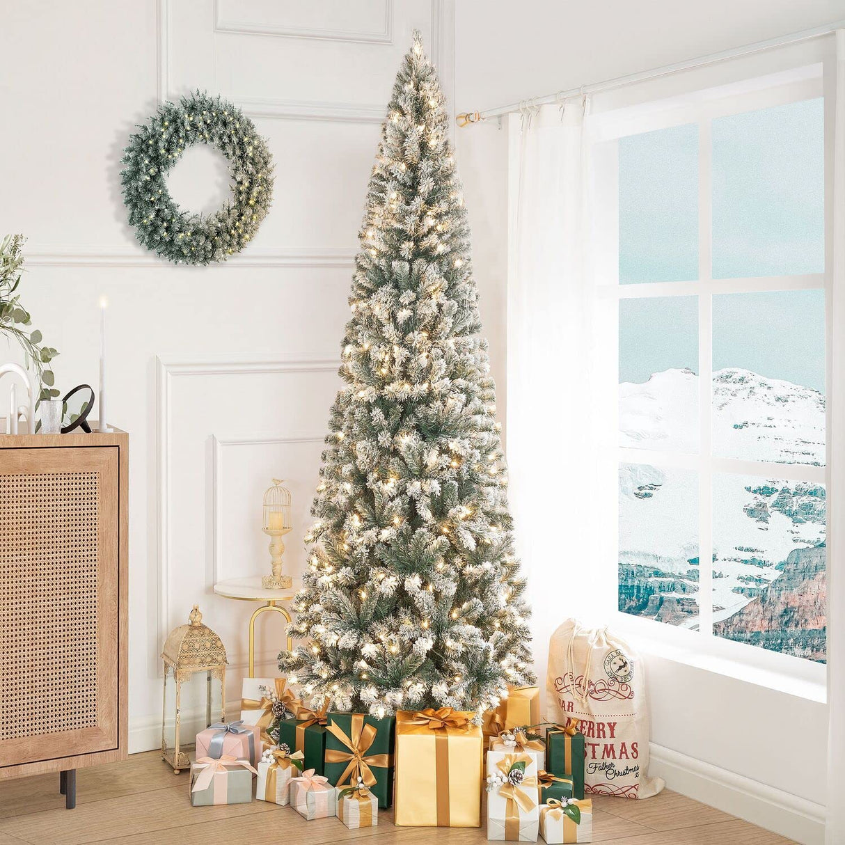 Salzburg 9ft Frosted Prelit Slim Artificial Christmas Tree with 1455 Branch Tips, 500 Warm Lights and Metal Stand, 37" Wide Realistic Snow Flocked Skinny Pencil Christmas Tree by Naomi Home Naomi Home