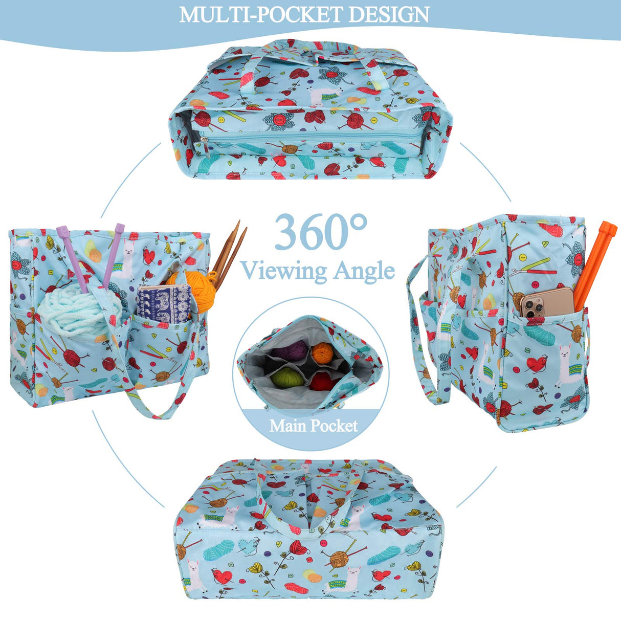 Coopay Craft Bag for Yarn Crochet Knitting Cross Stitch Project & Supplies, Crochet Bags Knitting Tote for Embroidery Item Crochet Hooks Knitting Needles, High Capacity & WaterProof, Cute Alpaca Coopay