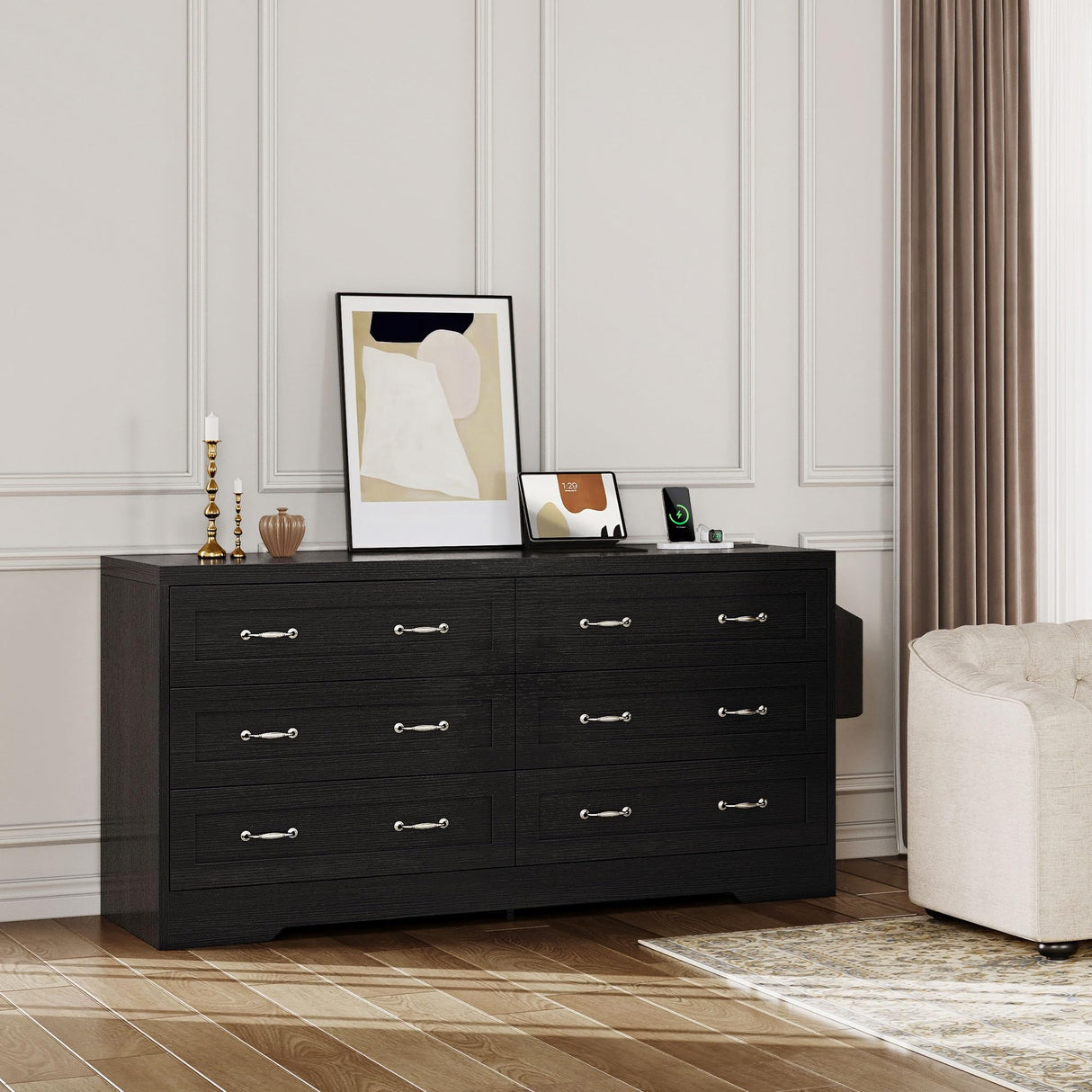 YITAHOME Drawers TV Stand for 65 inches with Power Outlets -Chest of Drawers Dresser with Side Organizer Bag Entertainment Center TV Console, Black YITAHOME