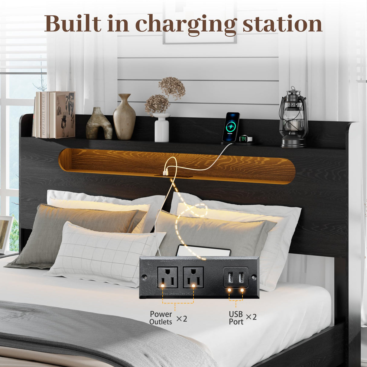 QNICE Wooden King Size Bed Frame with Storage Headboard & Charging Station, Farmhouse Platform Bedframe with LED Lights & Metal Slats Support, Easy Assembly (Rustic Black) QNICE