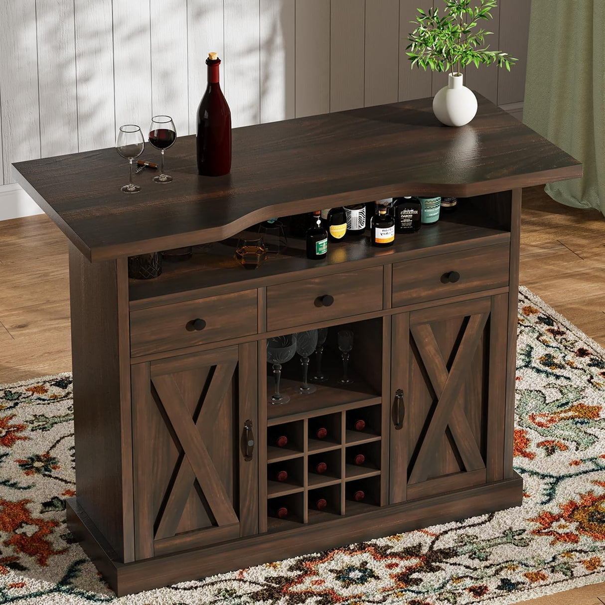 Farmhouse Home Bar Unit with 4-Tier Storage, 52 Inch Home Bar Table with 3 Drawers and 9 Wine Racks, Wine and Liquor Cabinet with Barn Door and Footrest, Indoor Bars for Home (Dark Oak) 4ever2buy