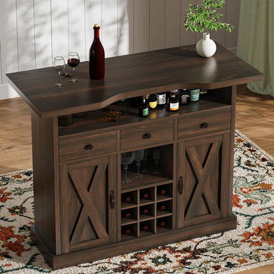 Farmhouse Home Bar Unit with 4-Tier Storage, 52 Inch Home Bar Table with 3 Drawers and 9 Wine Racks, Wine and Liquor Cabinet with Barn Door and Footrest, Indoor Bars for Home (Dark Oak)