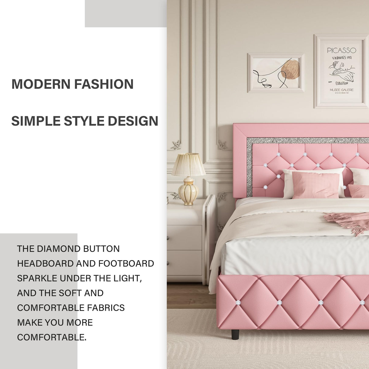 Twin Bed Frame with Headboard, Faux Leather Upholstered Bed with Diamond Tufted Design, Princess Twin Bed Frames for Kids, No Box Spring Required, Easy Assembly, Pink BarnFurin