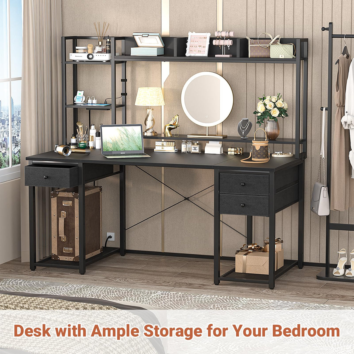 Aheaplus 55.2'' Gaming Desk with LED Lights, Power Outlets, Hutch & Drawers in Black Aheaplus