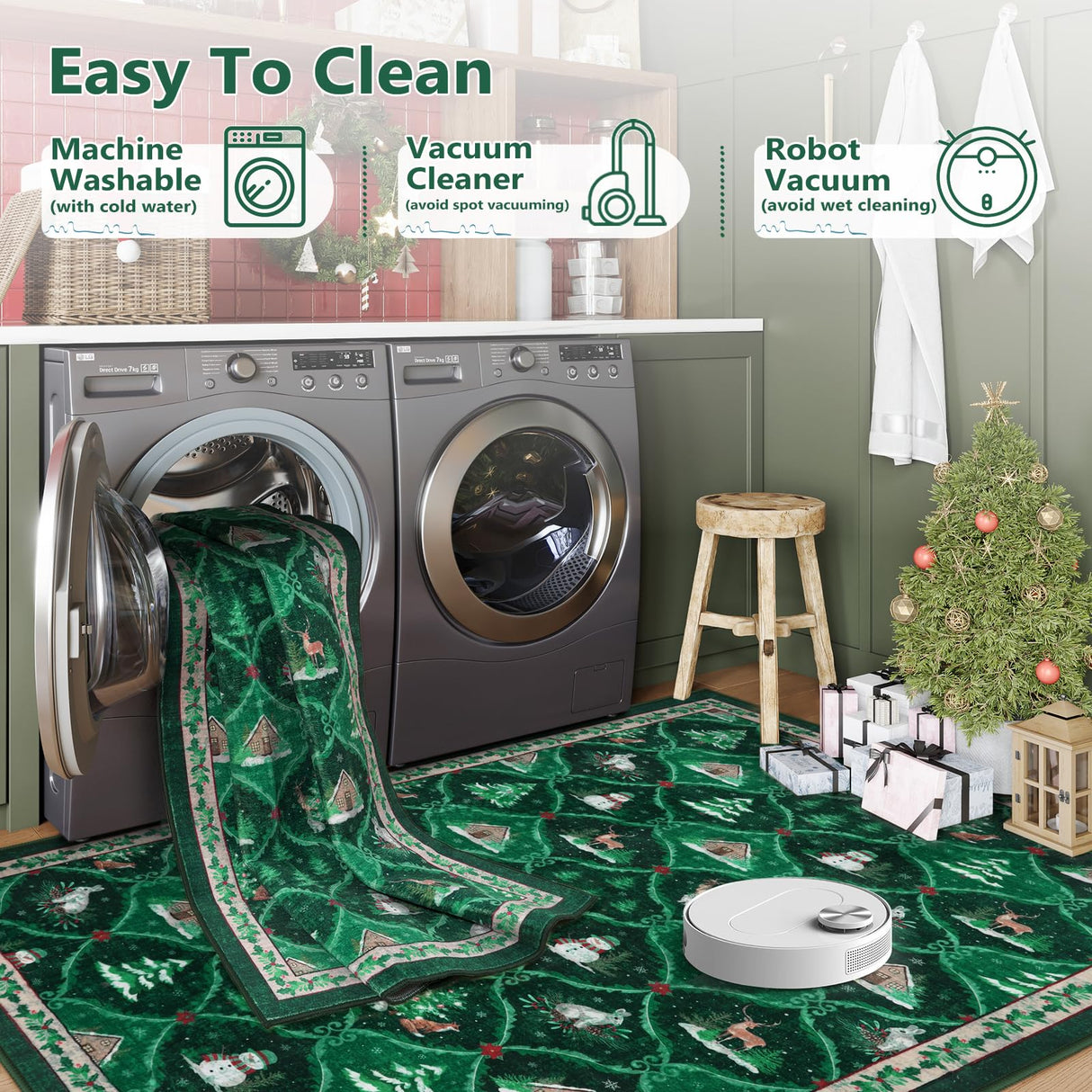 Sivilife Christmas Non Slip Rugs, 2x6 Washable Kitchen Bathroom Entryway Laundry Decor, Green Xmas Carpet Runner Rugs for Hallways Bedroom with Rubber Backing Sivilife