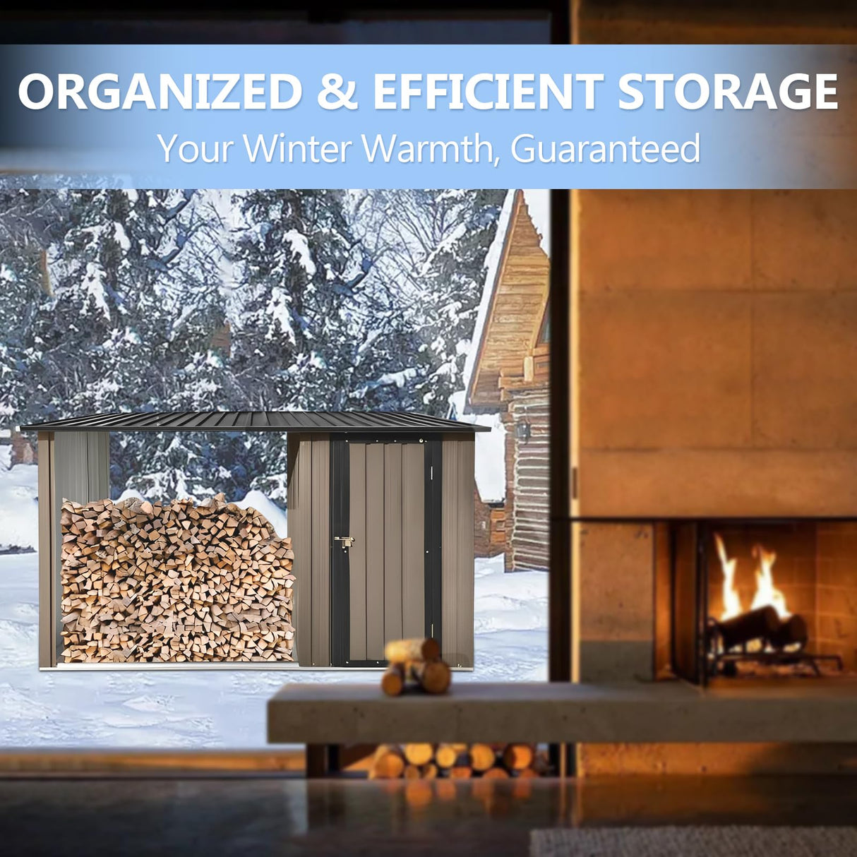 2-in-1 Metal Outdoor Storage Shed with Tool Locker & Firewood Storage, 8.75× 3.33 FT Firewood Shed - Weatherproof & Versatile, Steel Garden Sheds for Backyard Garden Patio Lawn - Brown Garden Tailor