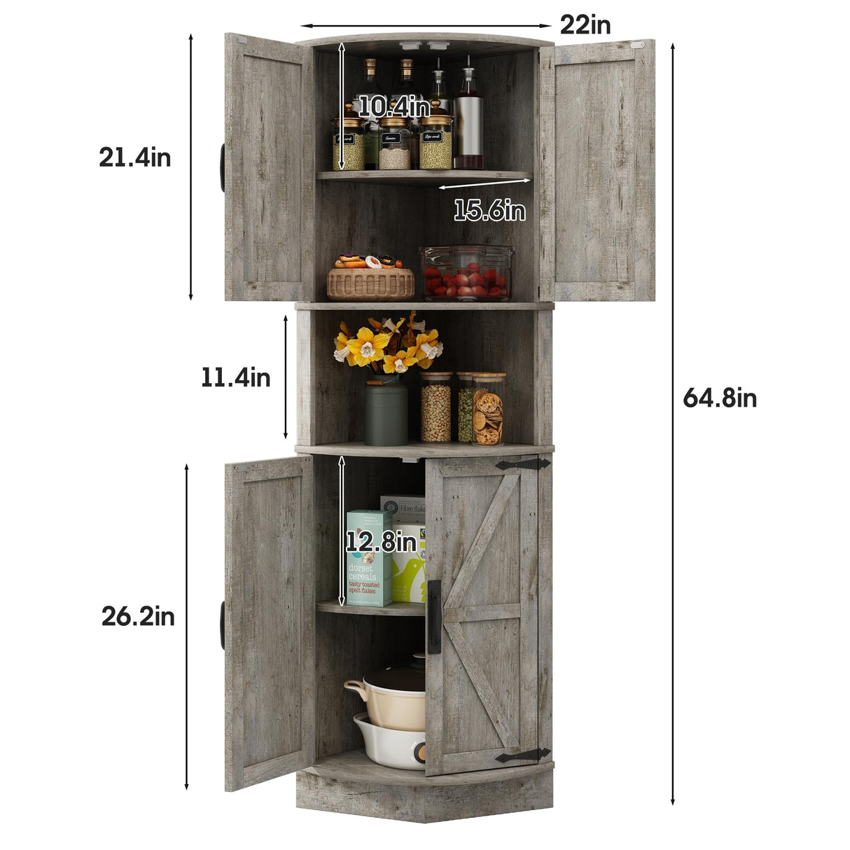 Vabches 64.8" Tall Farmhouse Corner Cabinet with 4 Doors and 5 Storage Shelves, Farmhouse Storage Cabinet with Barn Door Design, Home Space Saver for Living Room, Kitchen, Laundry Room,Grey Vabches