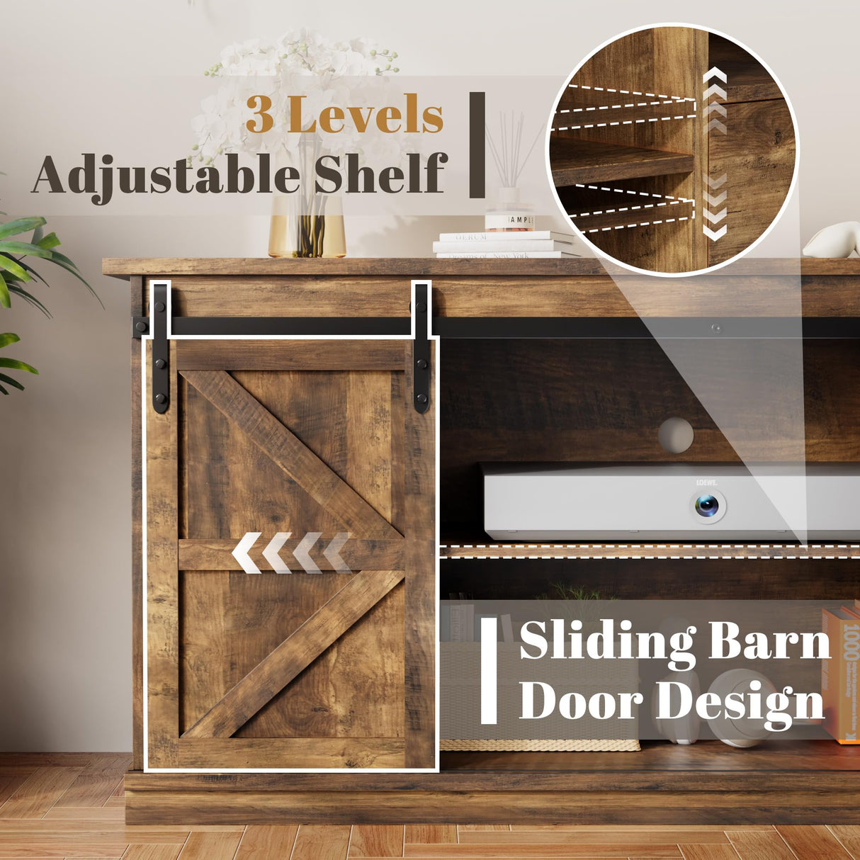 YESHOMY TV Stand for Televisions up to 65 Inchs, with Sliding Barn Doors and 4 Storage Drawers, Console Table and Media Furniture for Living Room, 58 Inch, Barnwood YESHOMY