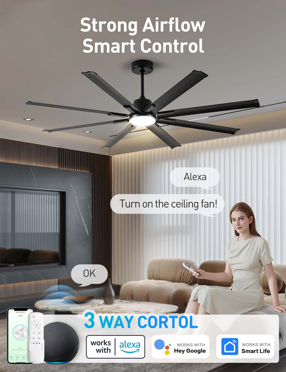 Maxslak 72 Inch Ceiling Fan with Light,Industrial Ceiling Fan with 8 Black Aluminium Blades,Smart Fan Works with Alexa,Garage Outdoor/Indoor Fan for Patio and Living Room Maxslak