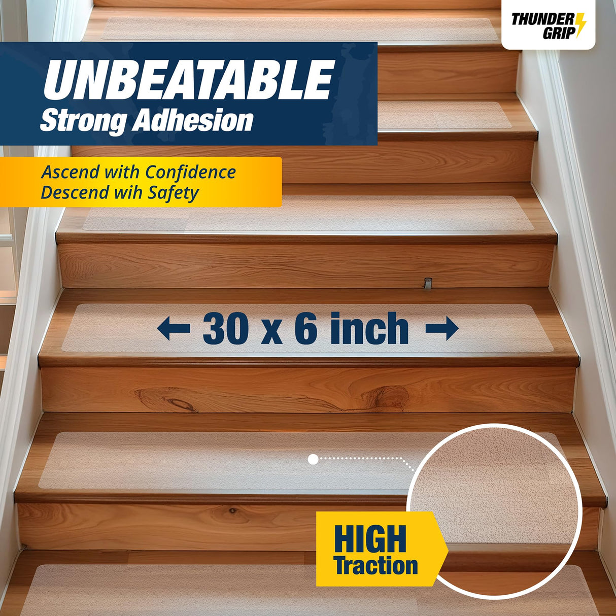 Clear Stair Treads Non-Slip 30"x6" - 15-Pack Indoor Stair Grips Non Slip for Wooden Steps - Anti Slip Adhesive Strips for Dogs & Elderly - Staircase Step Treads - Transparent Treads for Wood Stairs THUNDER GRIP