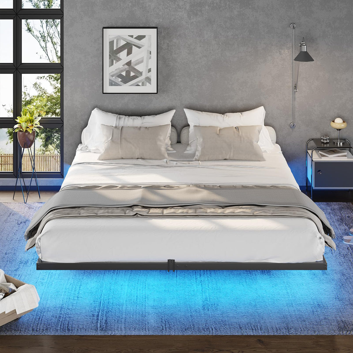 DICTAC King Size Floating Bed Frame with LED Lights and Heavy Duty Steel Support, Black DICTAC