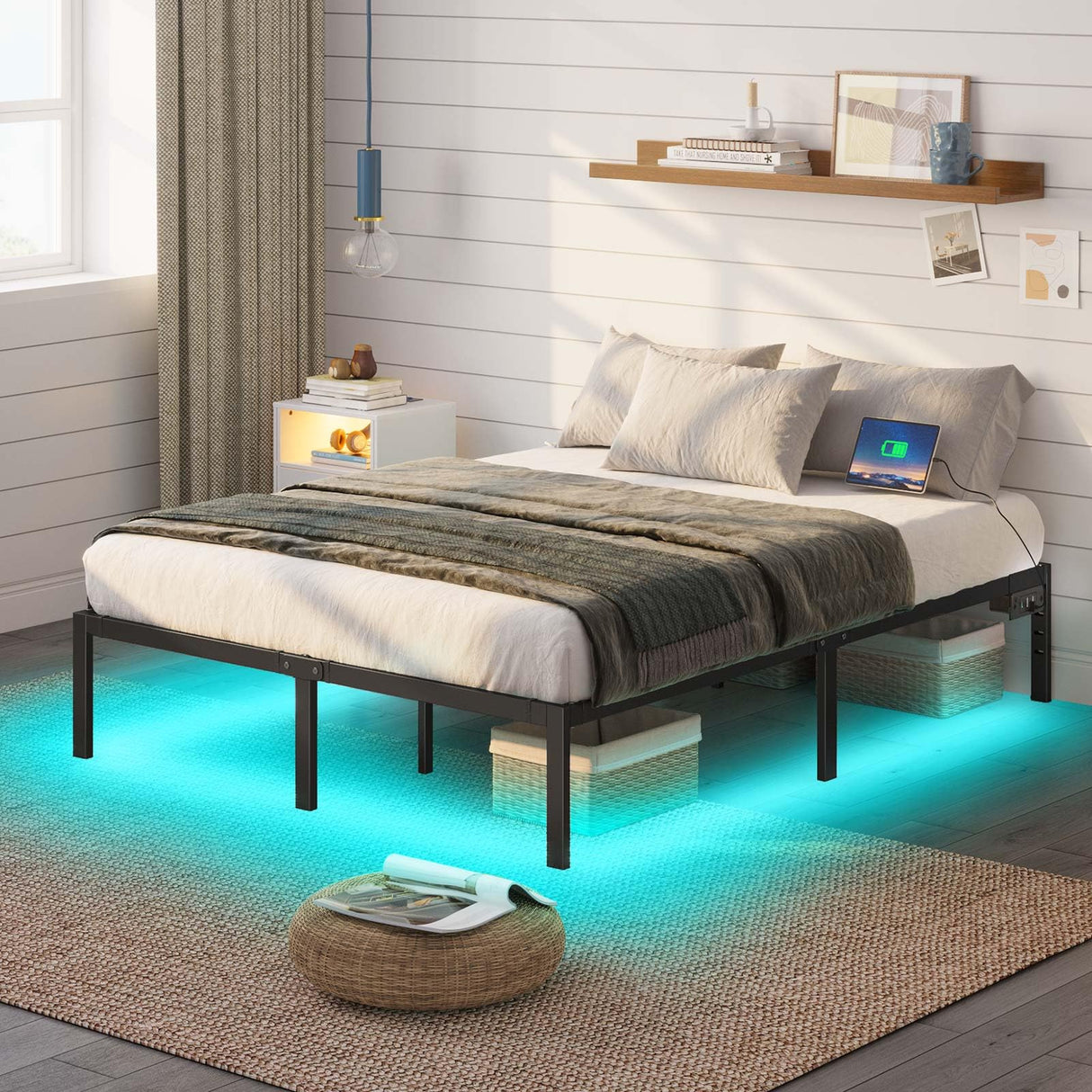 Rolanstar Bed Frame with USB Charging Station, Full Bed Frame with LED Lights, Platform Bed Frame with Heavy Duty Steel Slats, 14" Storage Space Beneath Bed Rolanstar