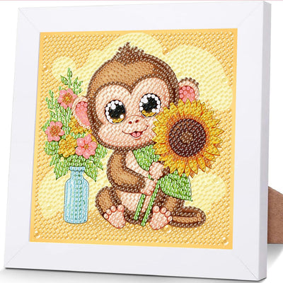 ajepon Monkey Diamond Art Kits for Kids with Frame, Animal Diamond Art for Kids Ages 8-12, Monkeys Diamond Painting Kits for Kid with Beautiful Package for Gift Home Wall Decor (7x7inch)