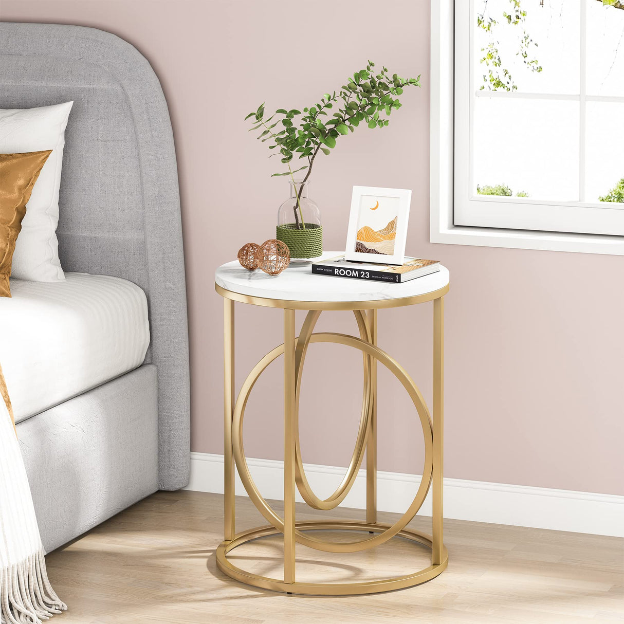 Tribesigns Gold Side Table with Marble Top, 20" Wide End Table, Modern Sofa Table w/O-Shaped Metal Base, Round Gold Accent Table, Narrow Nightstand for Bedroom, Living Room, Small Spaces Tribesigns