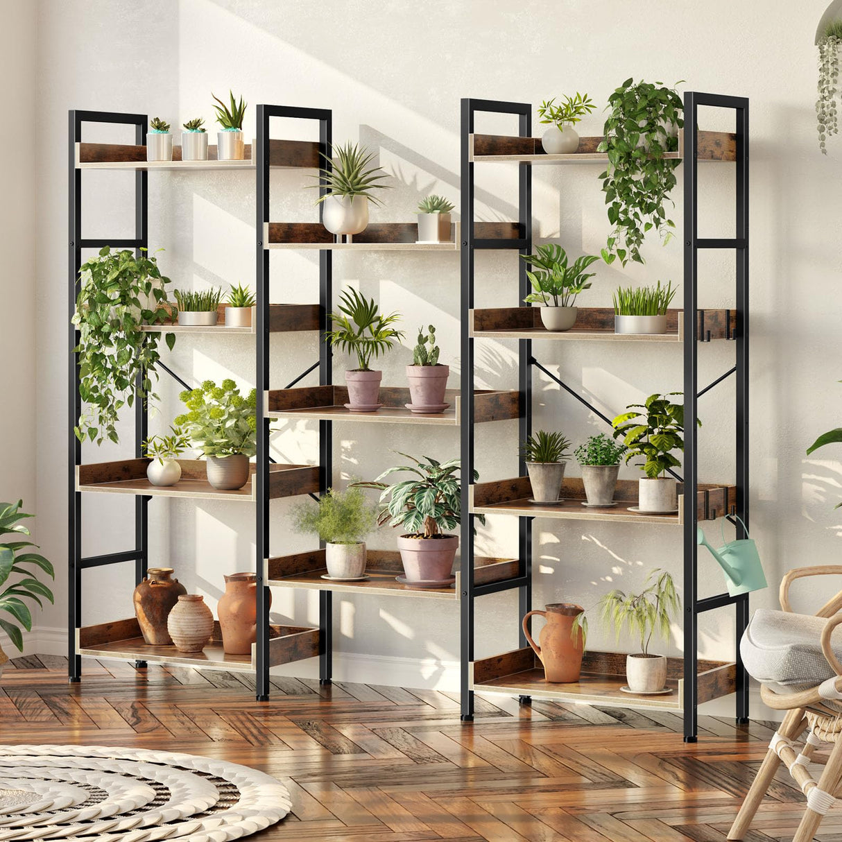 Rolanstar Bookshelf 4 Tiers with 4 Hooks, Triple Bookcase with Open Display Shelves, Industrial Wide Bookshelf with Metal Frame for Living Room, Office, Rustic Brown