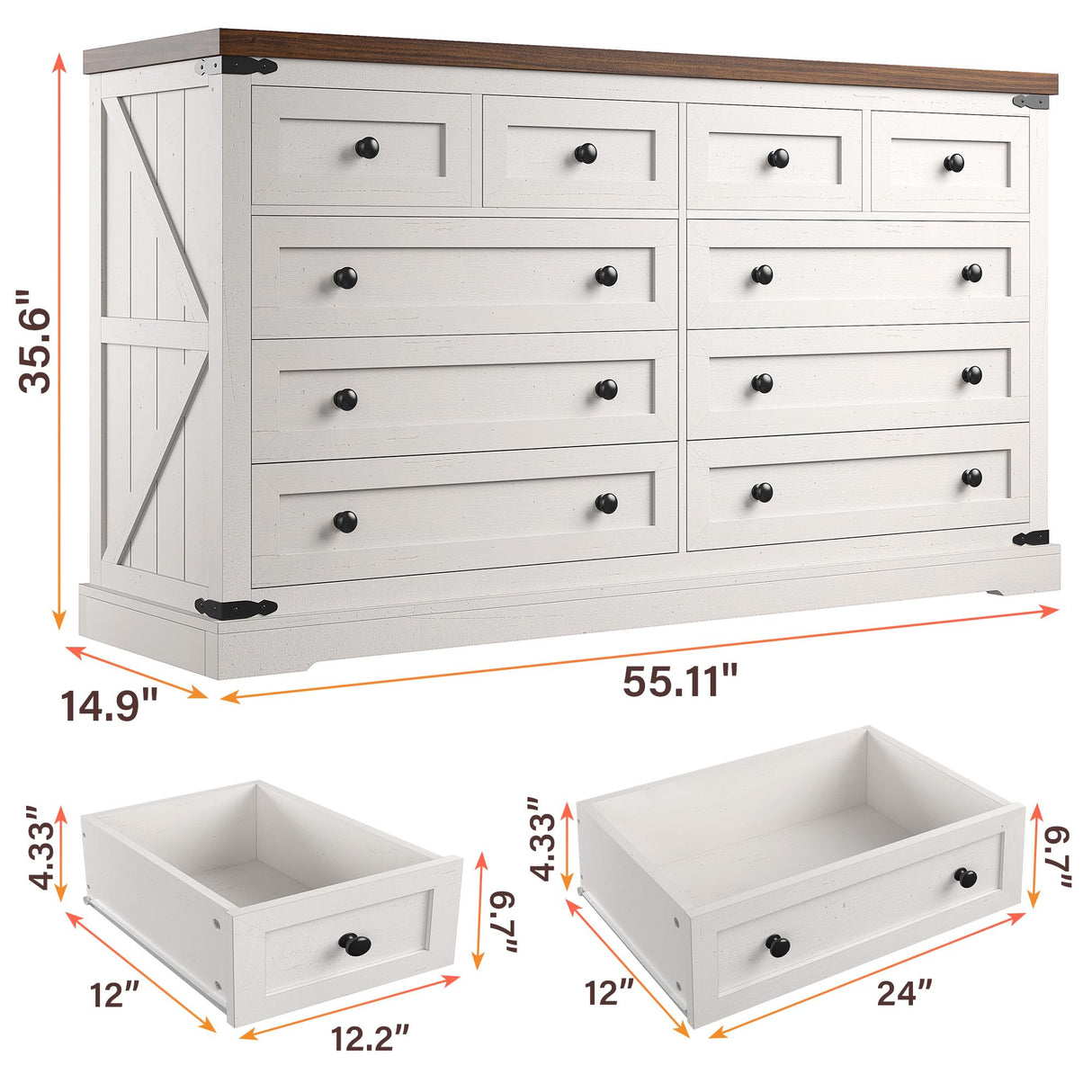 EnHomee 10 Drawer Dresser for Bedroom, 55" Wide Wood Dressers & Chest of Drawers Vintage Design TV Stand for Bedroom, Hallway, Antique White EnHomee