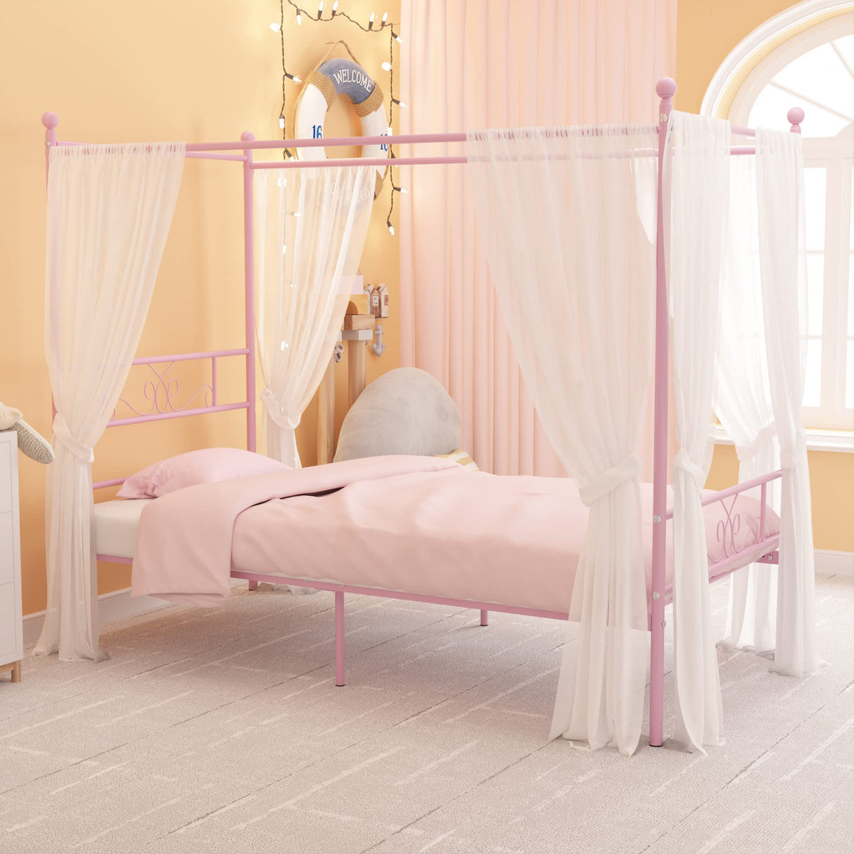 Weehom Twin Canopy Bed Frame with Headboard and Footboard, 4 Posters Metal Bed Frame, No Box Spring Needed, Mattress Foundation Platform Bed for Kids and Adults, Pink Weehom