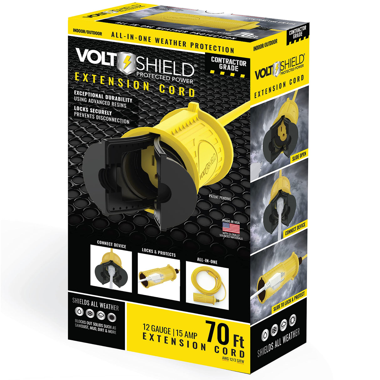 VoltShield 70 ft 12/3 SJTW Heavy Duty All-In-One Weather Protection Extension Cord, Water, Weather & Kink Resistant, Flame Retardant, Yellow, 3 Prong Grounded Plug, Locks Cord Preventing Disconnection VoltShield