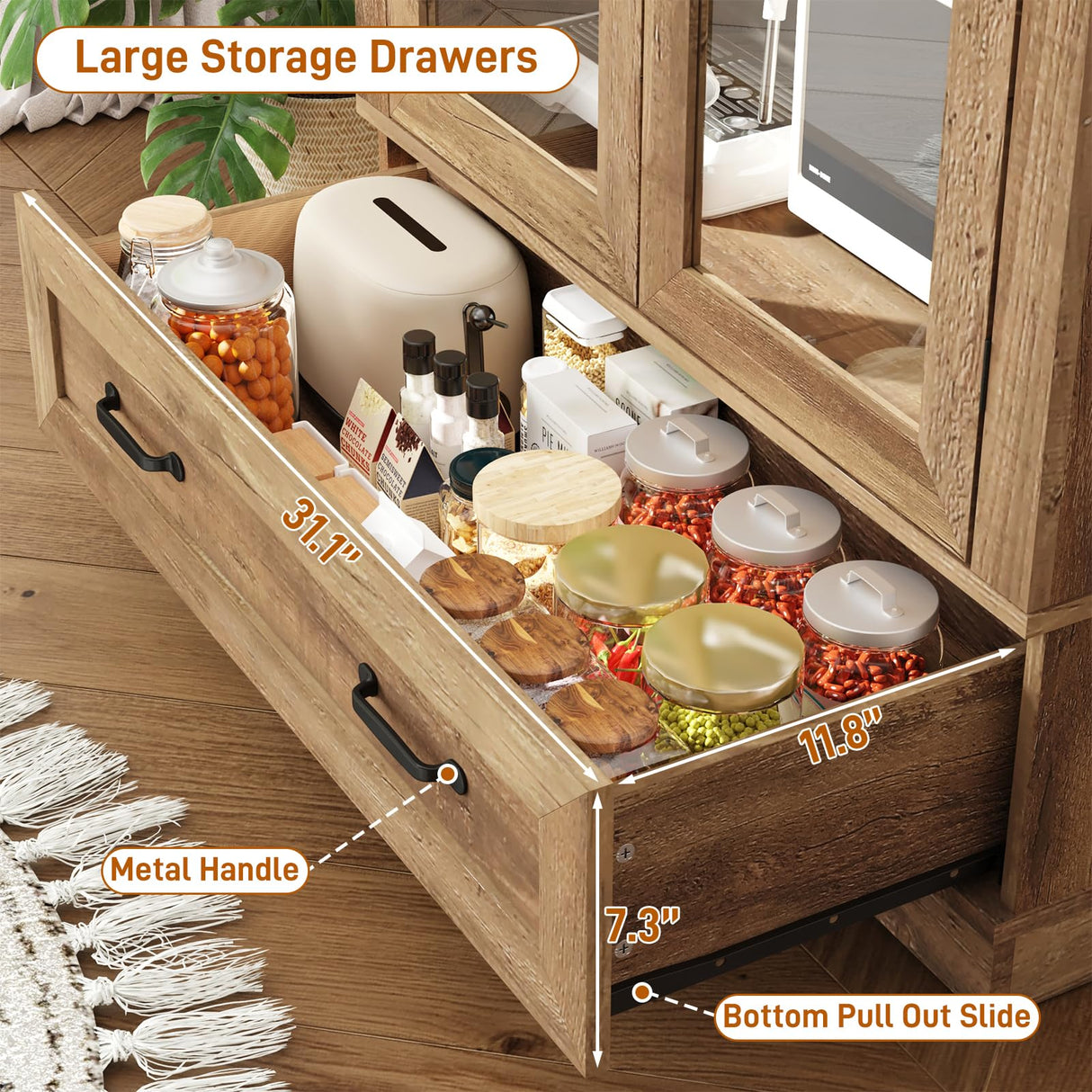 75" Tall Arched Kitchen Pantry Cabinet w Load-Bearing Steel Pipe,Modern Farmhouse Kitchens Storage Cabinet with Drawer and Glass Doors,Tall Arched Bookcase,Pantry Organizer for Living Room(Natural) chartustriable