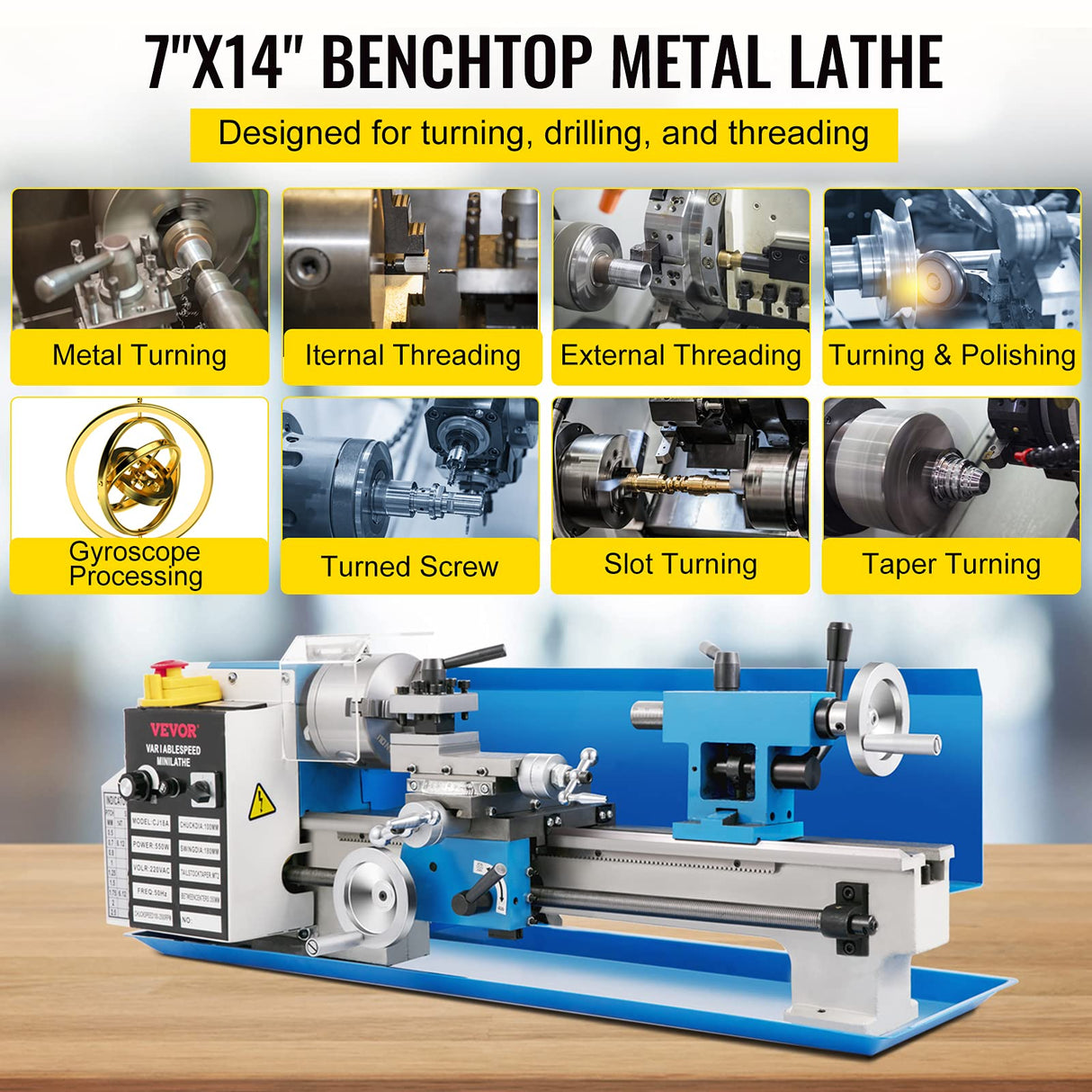 VEVOR Mini Metal Lathe, 7"x14", 550W Variable Speed 2250 RPM Metal Lathe, with 3-jaw Chuck Mini Lathe Machine Benchtop Metal Lathe Digital Display for Metal Turning VEVOR