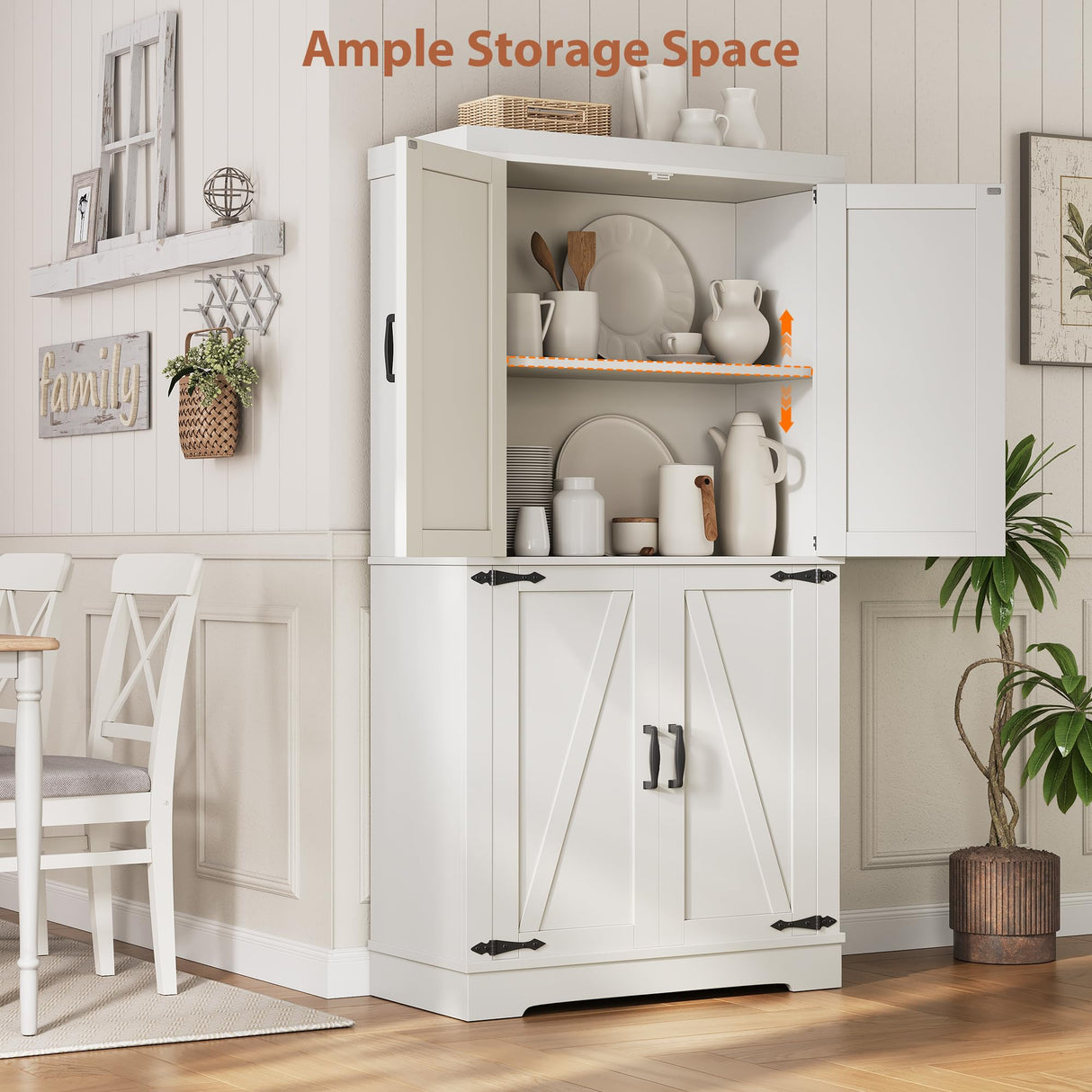 Pantry Cabinet,68'' Kitchen Pantry Storage Cabinet with 4 Doors and Adjustable Shelves, Farmhouse Tall Food Large Wood Pantry Storage Furniture for Kitchen Dining Room,White Jocoevol