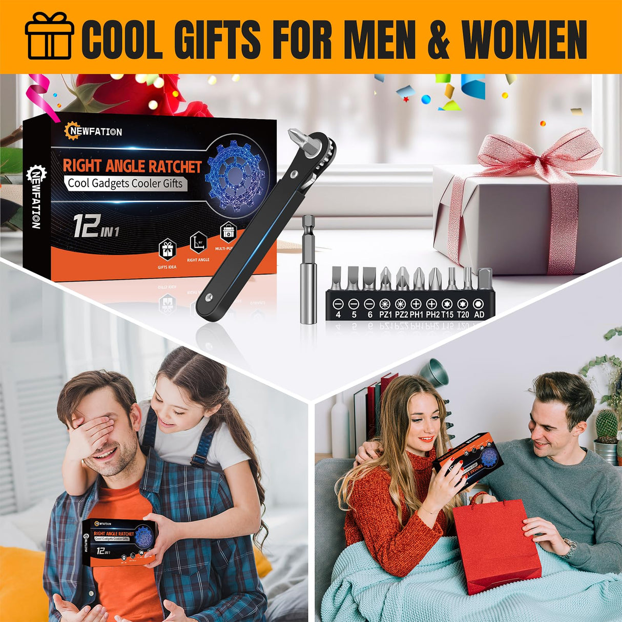 Ratcheting Screwdriver Men Gifts-Right Angle Screwdriver 90 Degree Offset Screwdriver Bit Set Low Profile Pocket Screwdriver For Tight Space Cool Gadget EDC Gear Gift For Men Him Dad Husband (12-IN-1) NewFation