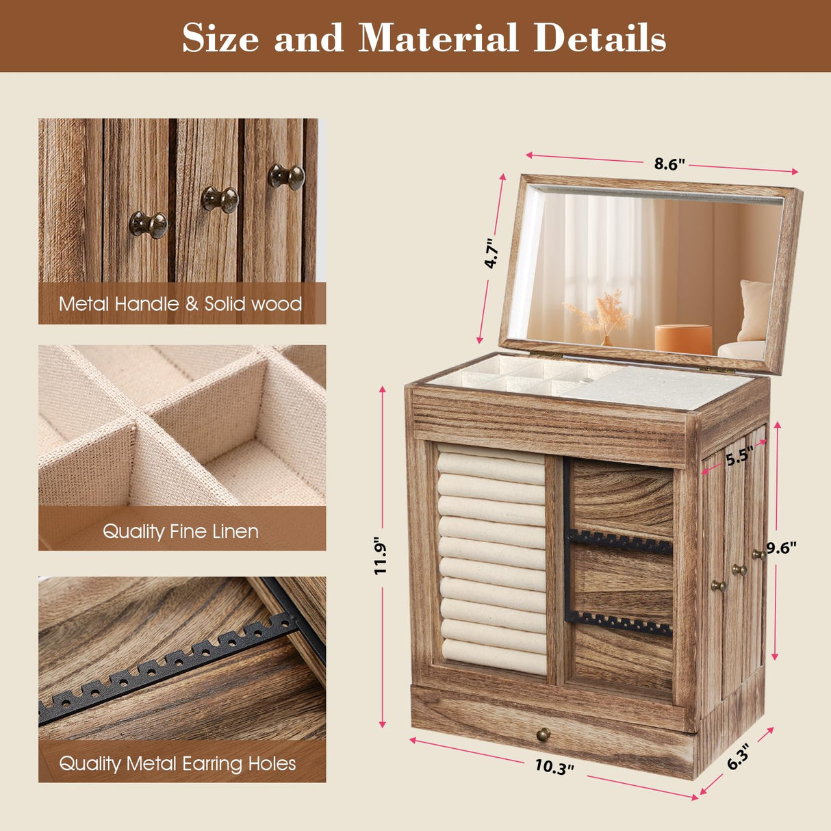 Honiway Jewelry Box for Women, 5 Layer Rustic Wooden Jewelry Organizer with Glass Window, 4 Drawers, Mirror, Large Jewelry Storage Display for Earrings Rings Necklaces Bracelets (Rustic Brown) Honiway