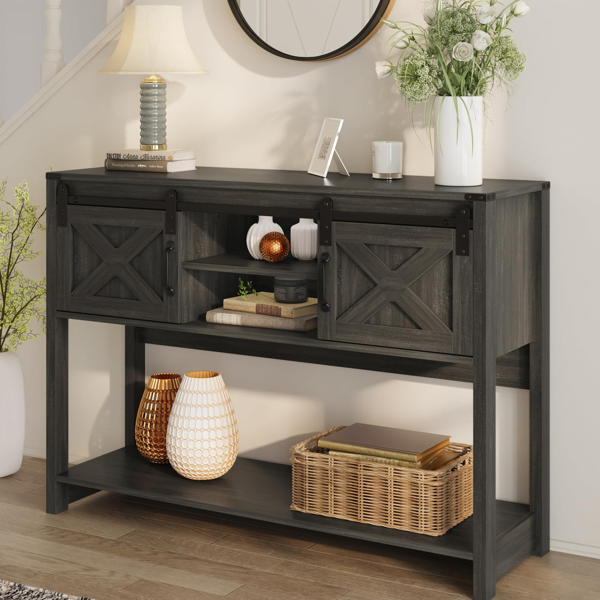 RoyalCraft Farmhouse Entryway Table with Storage, 46" Console Table with Sliding Barn Door, Wood Rustic Sofa Table with Adjustable Shelf for Hallway, Living Room, Foyer, Dark Grey RoyalCraft