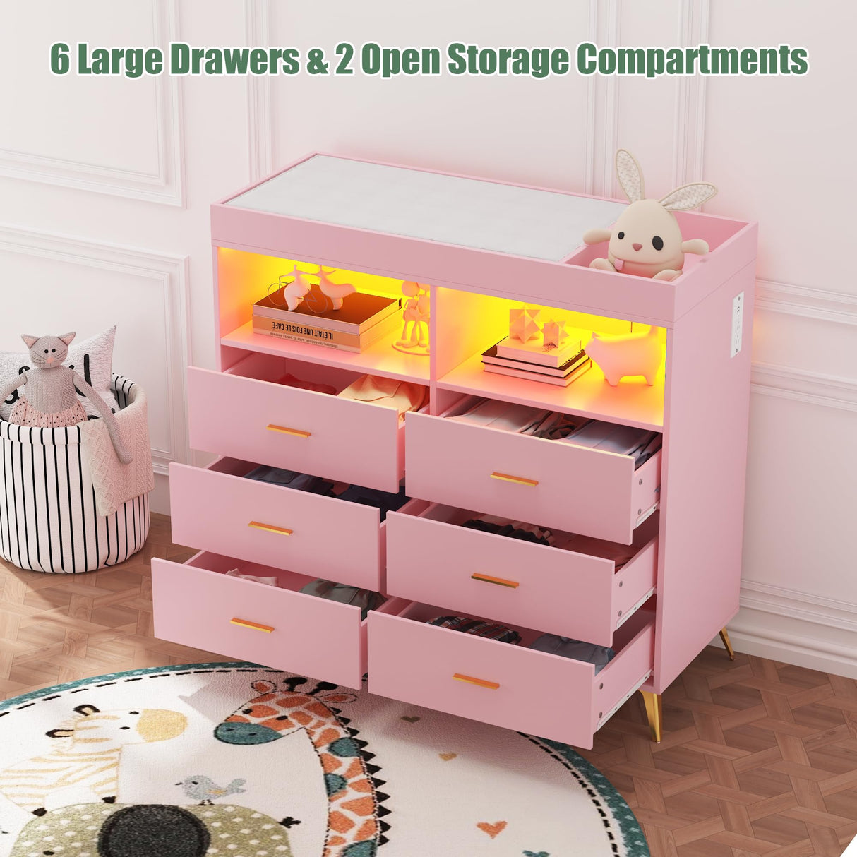 Patikuin Dresser for Bedroom with LED Lights and Power Outlet, Baby Changing Table Dresser with 6 Drawers, 2 Open Storage Shelves, Baby Dresser with Changing Table Top, Pink Patikuin